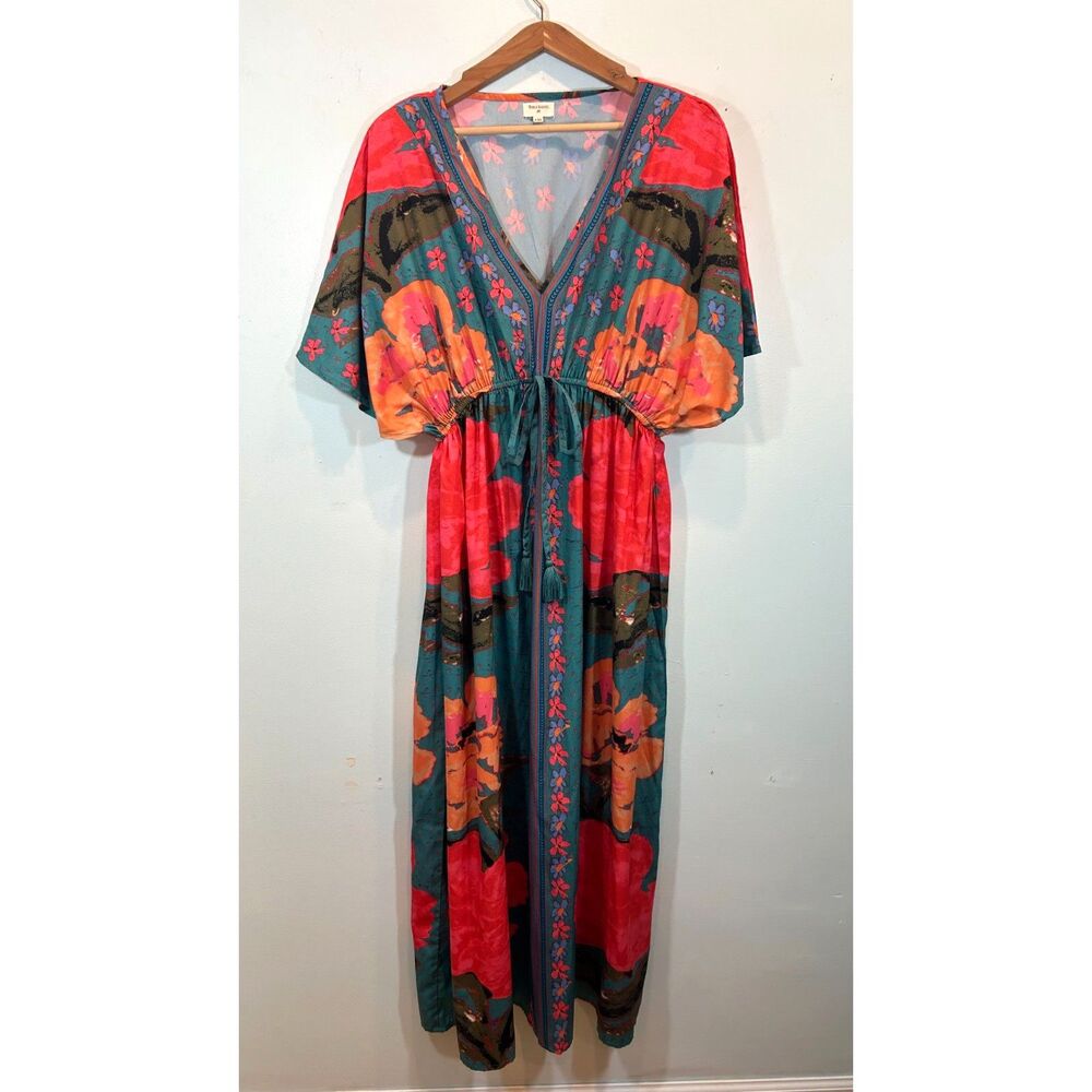 WORLD MARKET Boho Floral Tie Empire Maxi Dress L/XL Satin Tropical Kaftan - Picture 2 of 12